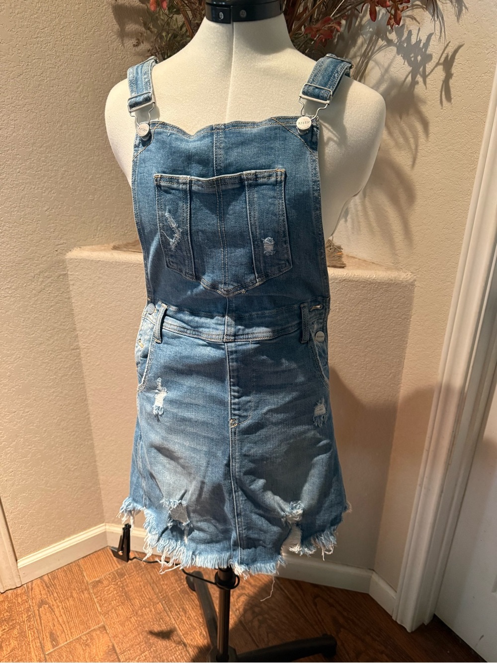 Light Blue Distressed Denim Overall Mini Dress